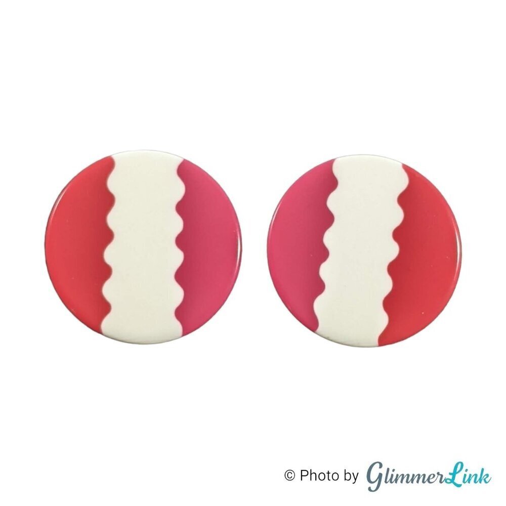 Vintage 80s Pink and Red Stripe Disc Earrings – White Wavy Design, 1"